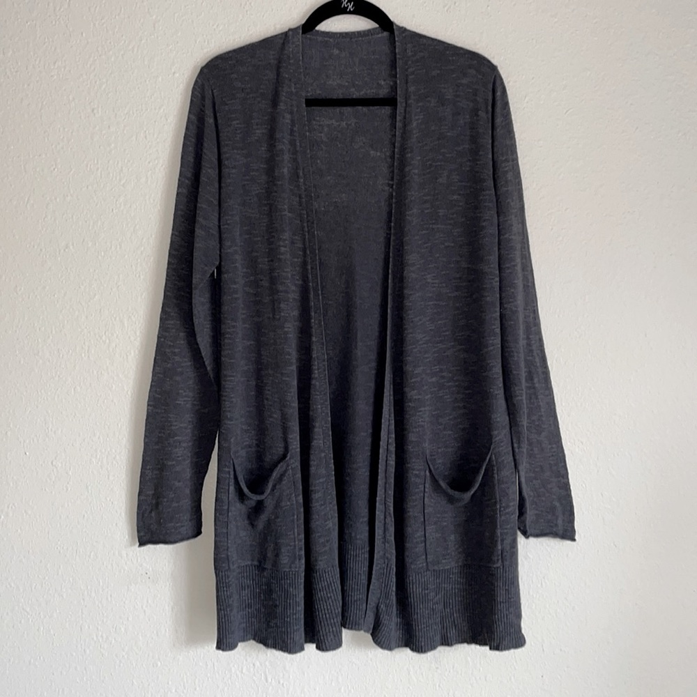 Eileen Fisher Gray Organic Linen/Cotton Slub Knit Open Cardigan Sz L